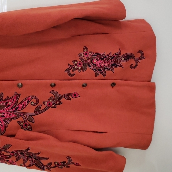 Bob Mackie orange fleece jacket, embroidery, wearable art, artisan women size M - Picture 6 of 9